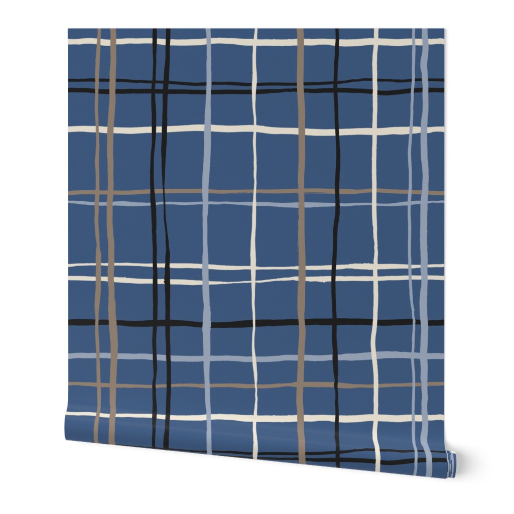 (L) Timeless Tattersall Grid with brown, beige and black stripes over dark blue