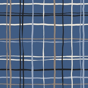(L) Timeless Tattersall Grid with brown, beige and black stripes over dark blue