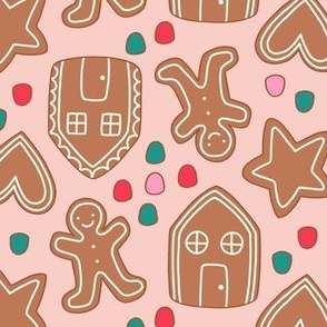 Medium Retro Gingerbread Cookies with Gumdrops for Christmas and Holiday on Pink