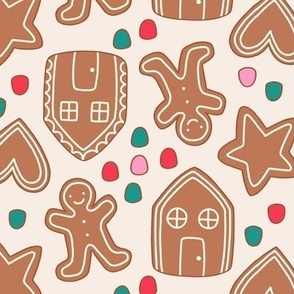 Medium Retro Gingerbread Cookies with Gumdrops for Christmas and Holiday on White