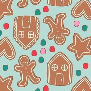 Medium Retro Gingerbread Cookies with Gumdrops for Christmas and Holiday on Mint Green