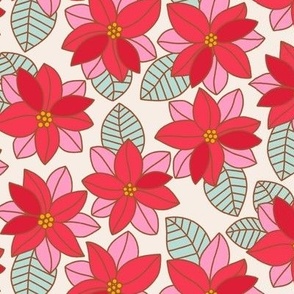 Medium Retro Poinsettia Flowers on White for Christmas and Holiday