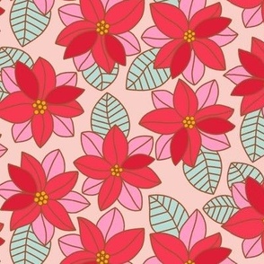 Medium Retro Poinsettia Flowers on Pink for Christmas and Holiday