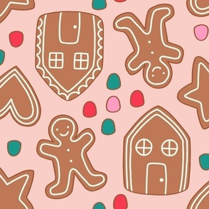 Large Retro Gingerbread Cookies with Gumdrops for Christmas and Holiday on Pink