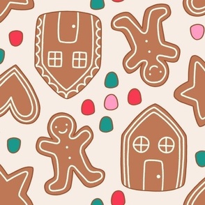 Large Retro Gingerbread Cookies with Gumdrops for Christmas and Holiday on White