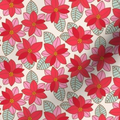 Small Retro Poinsettia Flowers on White for Christmas and Holiday