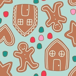 Large Retro Gingerbread Cookies with Gumdrops for Christmas and Holiday on Mint Green