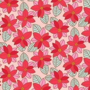 Small Retro Poinsettia Flowers on Pink for Christmas and Holiday