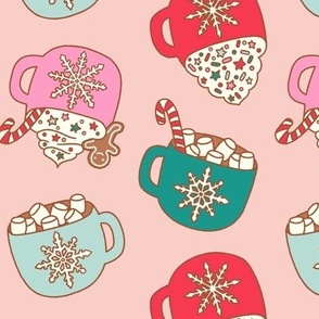 Medium Retro Hot Cocoa Mugs with Candy Canes and Marshmallows for Christmas on Pink