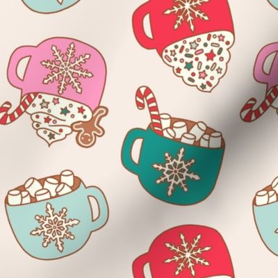 Medium Retro Hot Cocoa Mugs with Candy Canes and Marshmallows for Christmas on White