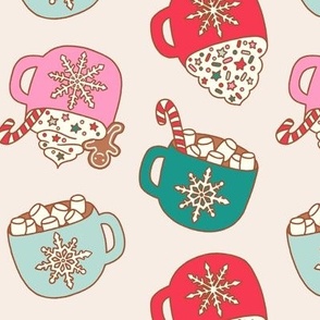 Medium Retro Hot Cocoa Mugs with Candy Canes and Marshmallows for Christmas on White