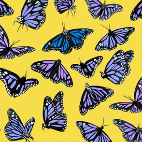hand painted monarch butterflies in purple on a yellow background 