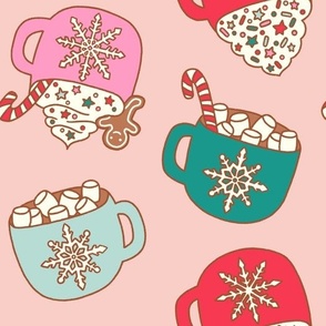 Large Retro Hot Cocoa Mugs with Candy Canes and Marshmallows for Christmas on Pink