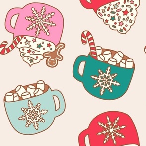 Large Retro Hot Cocoa Mugs with Candy Canes and Marshmallows for Christmas on White