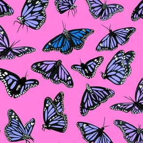 hand painted monarch butterflies in purple on a pink background 