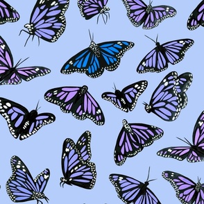hand painted monarch butterflies in purple on a blue background 