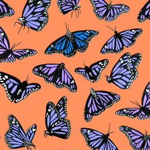 hand painted monarch butterflies in violet on a orange background 