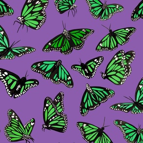 hand painted monarch butterflies in green on a purple background 