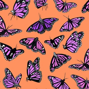 hand painted monarch butterflies in purple on a orange background 