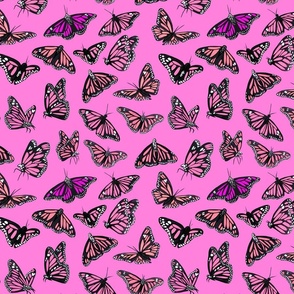 hand painted monarch butterflies in pink on a pink background - smaller scale