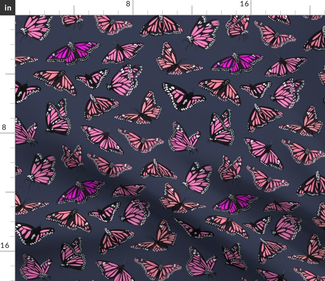 hand painted monarch butterflies in pink on a grey background - smaller scale