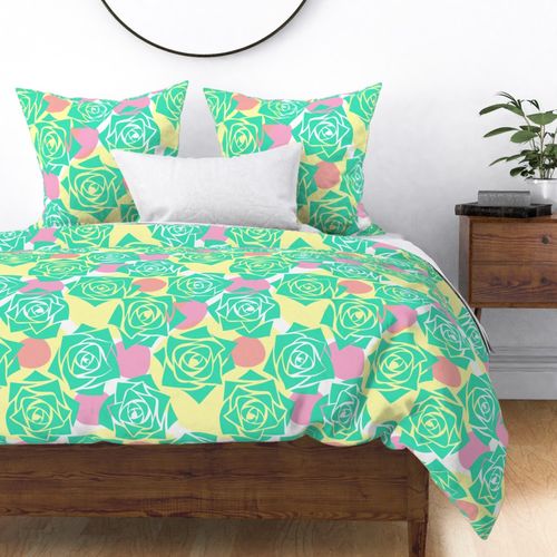 L Modern Abstract Flowers – Colorful Rose Wonderland - Mint Green Roses (Green Pastel) with Colorful Polka Dots on White - Soft Pink, Bright Yellow (Lemon Yellow) - Mid Century Modern inspired (MOD) - Modern Vintage - Minimalist Flower - Geometric Florals