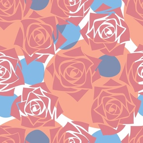 L Modern Abstract Flower – Colorful Rose Wonderland - Pink Roses with Coloful Polka Dots on White - Peach Pink, Summer Blue - Mid Century Modern inspired (MOD) - Modern Vintage - Minimalist Florals - Geometric Floral