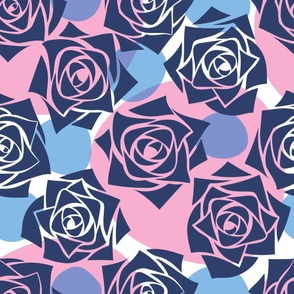 L Modern Abstract Flower – Colorful Rose Wonderland - Indigo Blue Roses (Dak Blue) with Colorful Polka Dots on White - Pastel Blue, Soft Pink (Pink Pastel) - Mid Century Modern inspired (MOD) - Modern Vintage - Minimal Florals - Geometric Floral