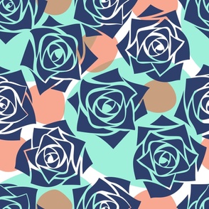 L Modern Abstract Flower – Colorful Rose Wonderland - Navy Blue Roses (Dark Blue) with Colorful Light Dots (Colorful Polka Dots) on White - Pastel Green, Peach Pink - Mid Century Modern inspired (MOD) - Modern Vintage - Minimal Florals - Geometric Floral 