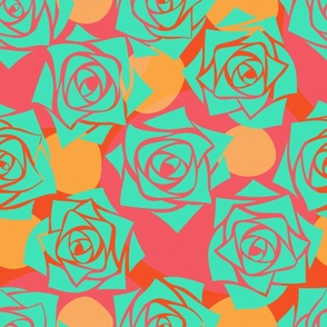 L Modern Abstract Flower – Colorful Rose Wonderland - Pastel Green Roses (Mint Green) on Colorful Polka Dots - Peach Pink, Pastel Pink, Burnt Orange, Yellow - Mid Century Modern inspired (MOD) - Modern Vintage - Minimal Florals - Geometric Floral - Contem