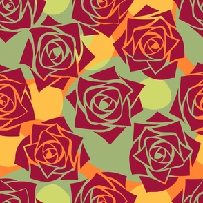 L Modern Abstract Flower – Rastafari Rose Wonderland - Burgundy Red Roses (Dark Red) on Colorful Dots (Colorful Polka Dots) - Africa color theme, Burnt Orange, Neon Yellow, Green - Mid Century Modern inspired (MOD) - Modern Vintage - Minimal Floral - Geom