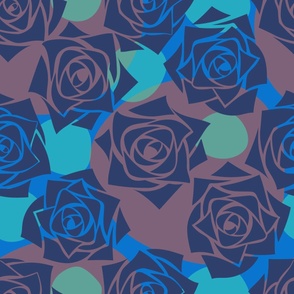 L Modern Abstract Flower – Moody Rose Wonderland - Indigo Blue Roses (Dark Blue) on Colorful Dots (Colorful Polka Dots) - (Mint Green, Red Brown, Cobalt Blue) - Mid Century Modern inspired (MOD) - Modern Vintage - Minimal Floral - Geometric Florals