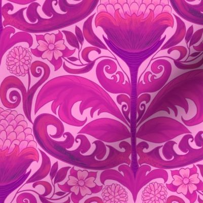 Hot Pink Art Deco Damask Floral
