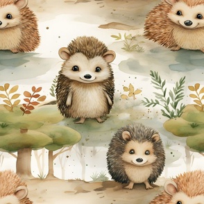 Watercolor Hedgehogs in a Forest