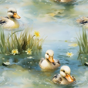 Watercolor Baby Ducks in a Pond