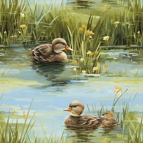Watercolor Baby Ducks in a Pond