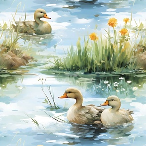 Watercolor Ducks in a Pond