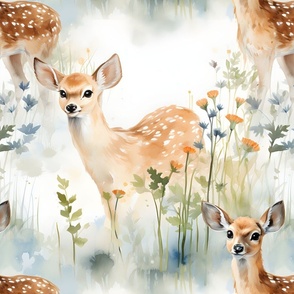 Watercolor Baby Deer in a Field