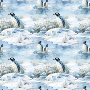 Watercolor Penguins on Snow & Ice
