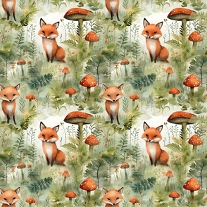 Watercolor Foxes  & Mushrooms in the Forest