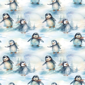 Watercolor Baby Penguins in the Snow