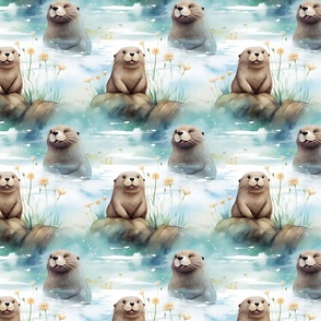 Watercolor Adorable Otters & Flowers