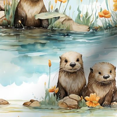 Otter in Water with Flowers