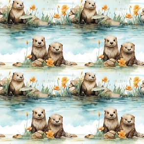 Otter in Water with Flowers