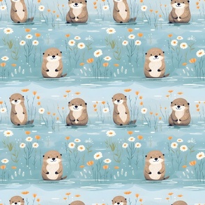Baby Otters & Flowers on Blue