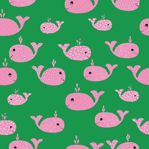 Pink Whales on Green for a Childs bedding Room Decor and Clothing