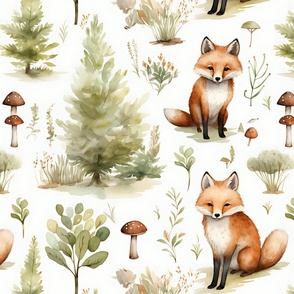 Watercolor Foxes, Trees & Mushrooms