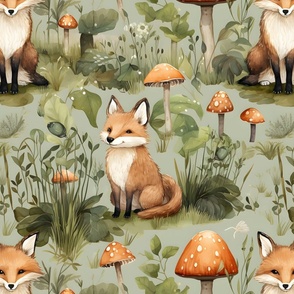 Watercolor Foxes & Mushrooms in a Forest