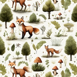 Watercolor Woodlands, Forest, Foxes