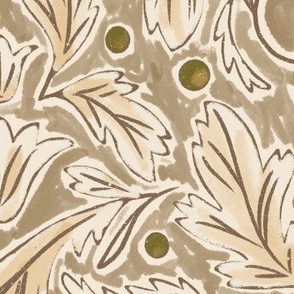 (L) Baroque Damask Leaves in brown, yellowy cream, taupe and off white